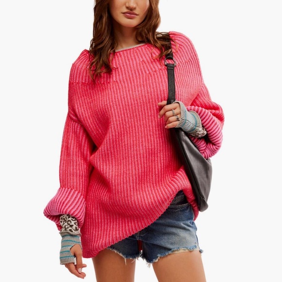 NWT Free People Boat Neck Tunic Sweater Medium BLOSSOM GLOW COMBO - Picture 2 of 12